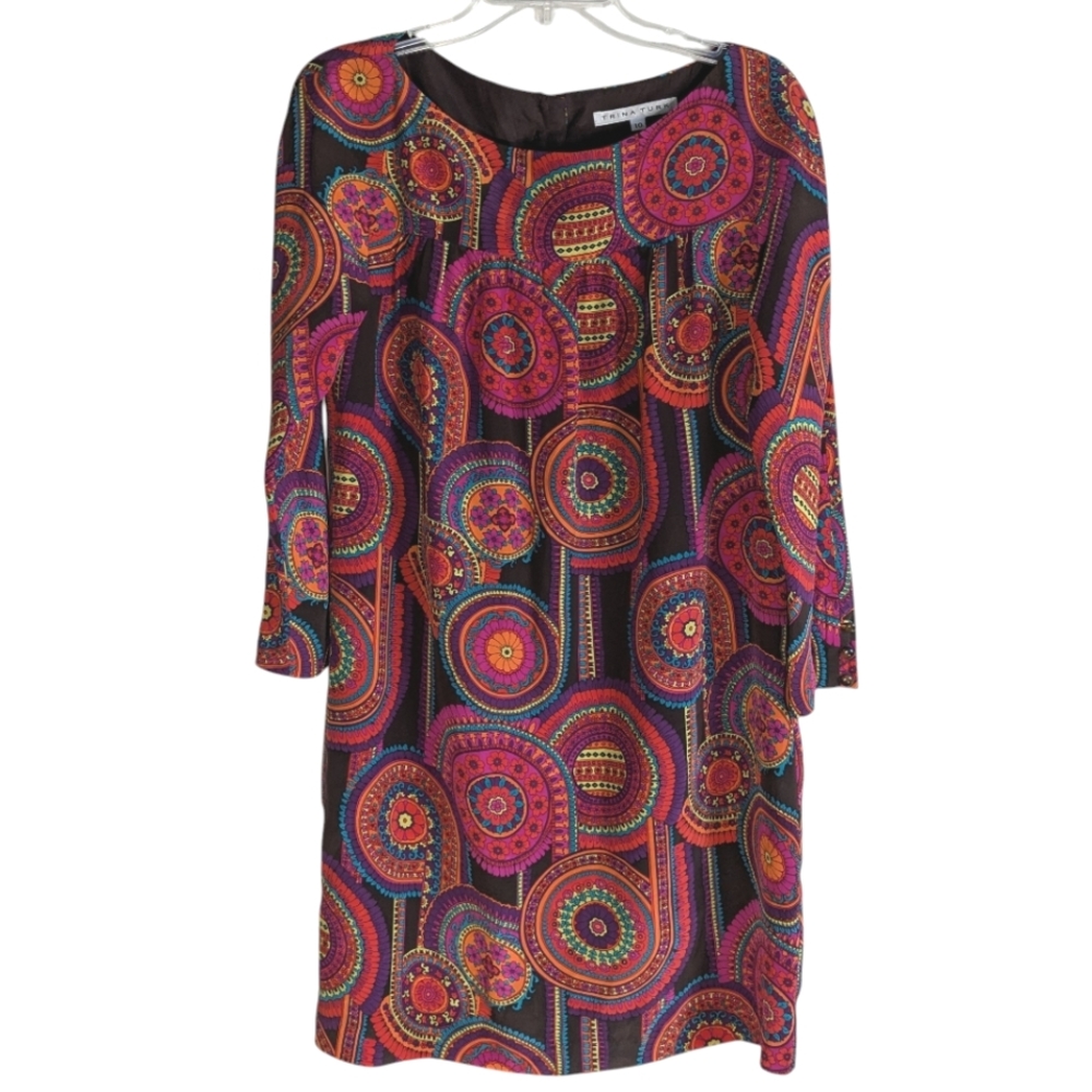 Trina Turk 100% Silk Lined Dress Sz 10 Colorful Long Sleeve Button Detail Midi
